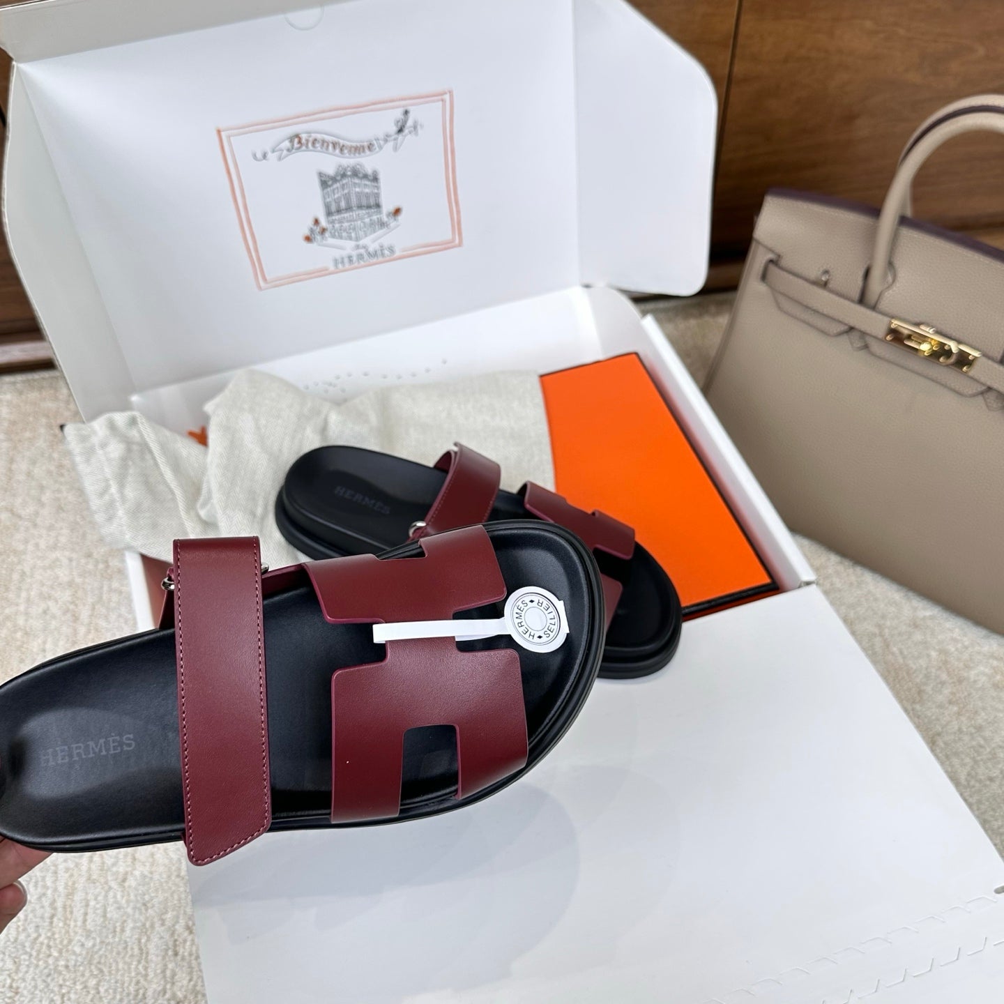 Hermes 2026 Chypre Sandal Burgundy mix Black Calfskin 862404