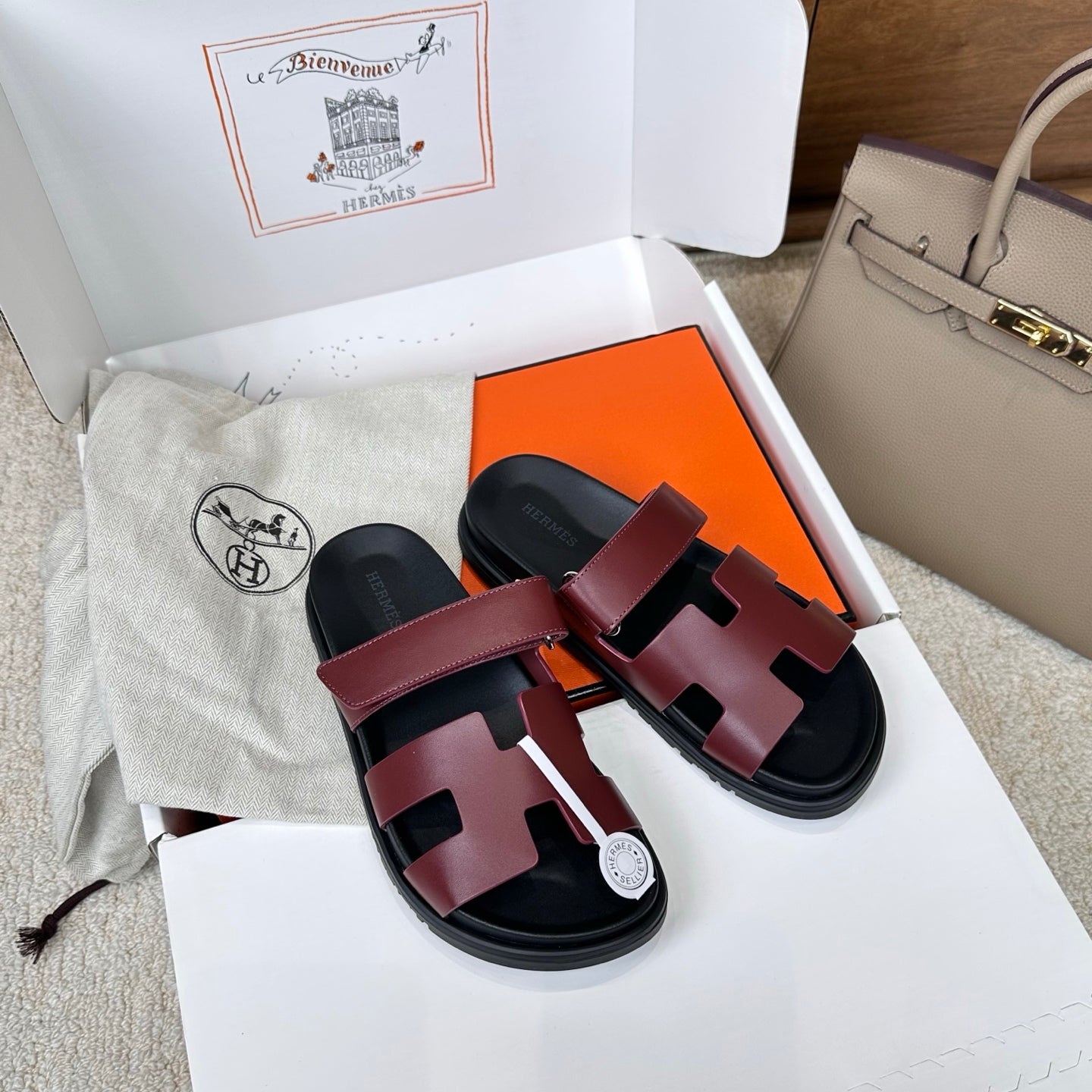 Hermes 2026 Chypre Sandal Burgundy mix Black Calfskin 862404
