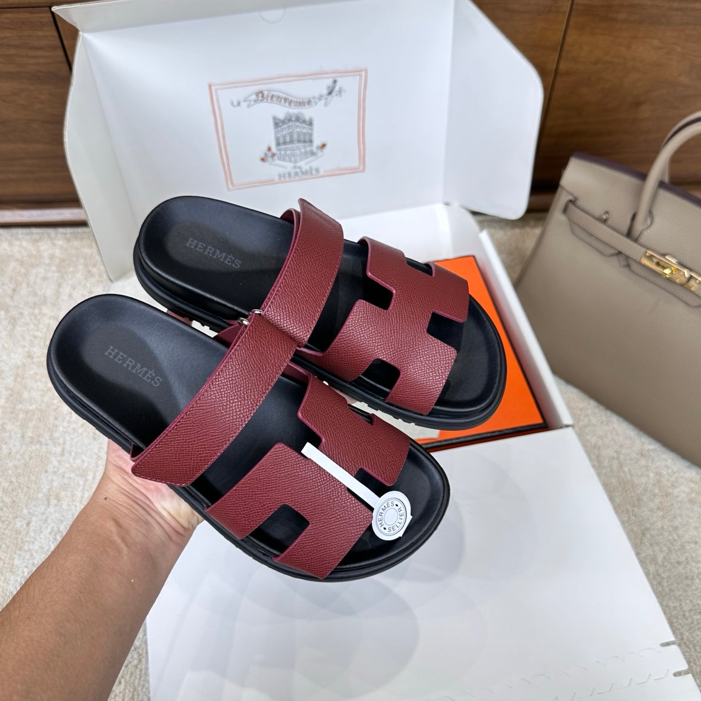 Hermes 2026 Chypre Sandal Burgundy mix Black Calfskin 862404