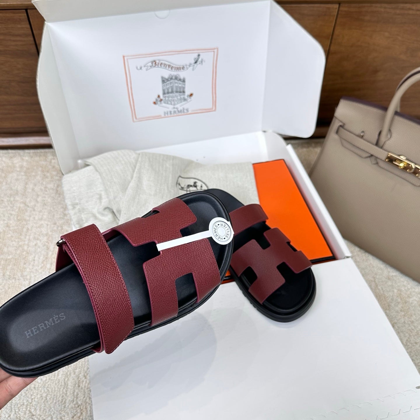 Hermes 2026 Chypre Sandal Burgundy mix Black Calfskin 862404