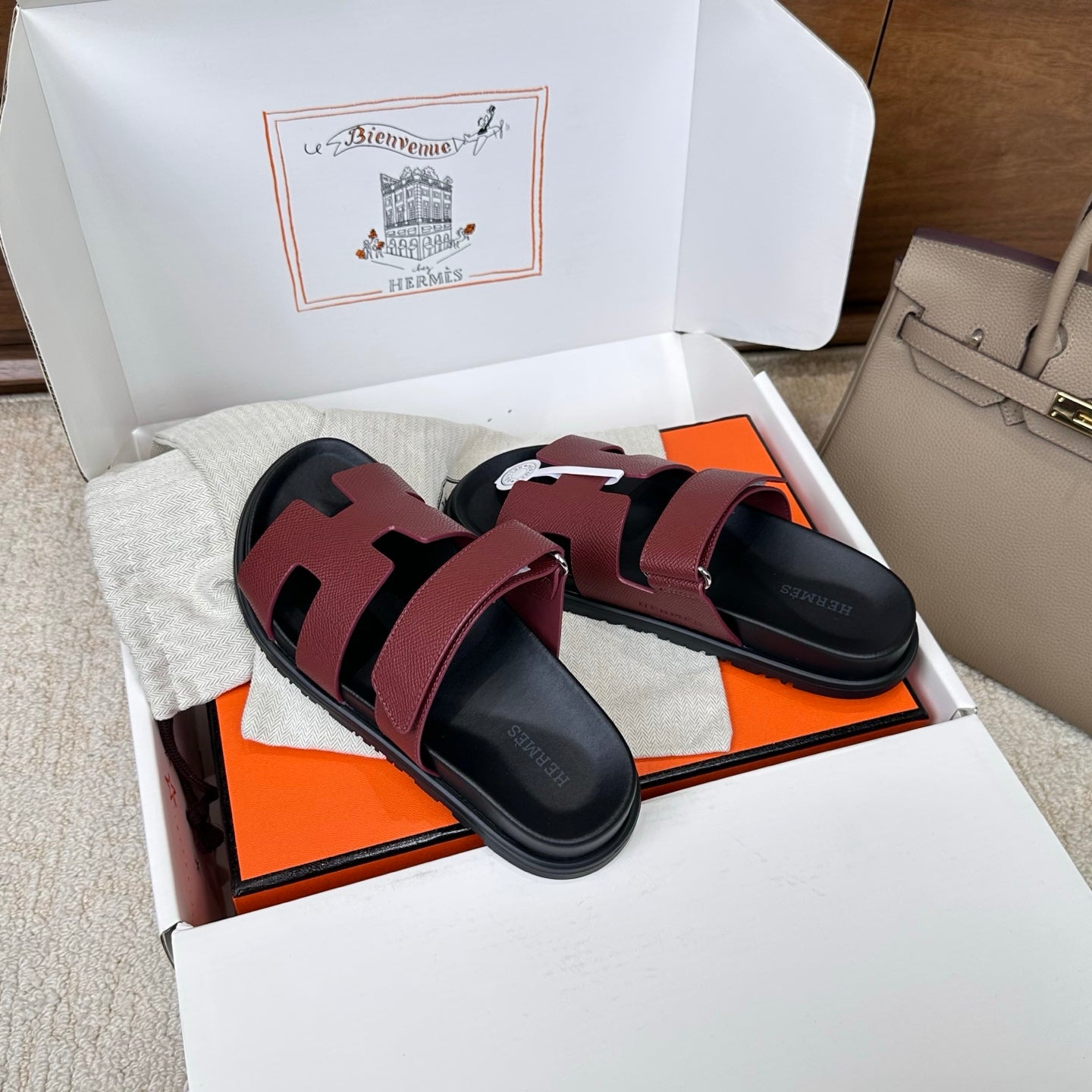Hermes 2026 Chypre Sandal Burgundy mix Black Calfskin 862404