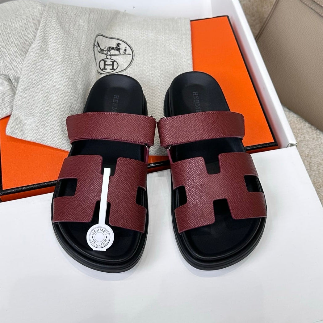 Hermes 2026 Chypre Sandal Burgundy mix Black Calfskin 862404