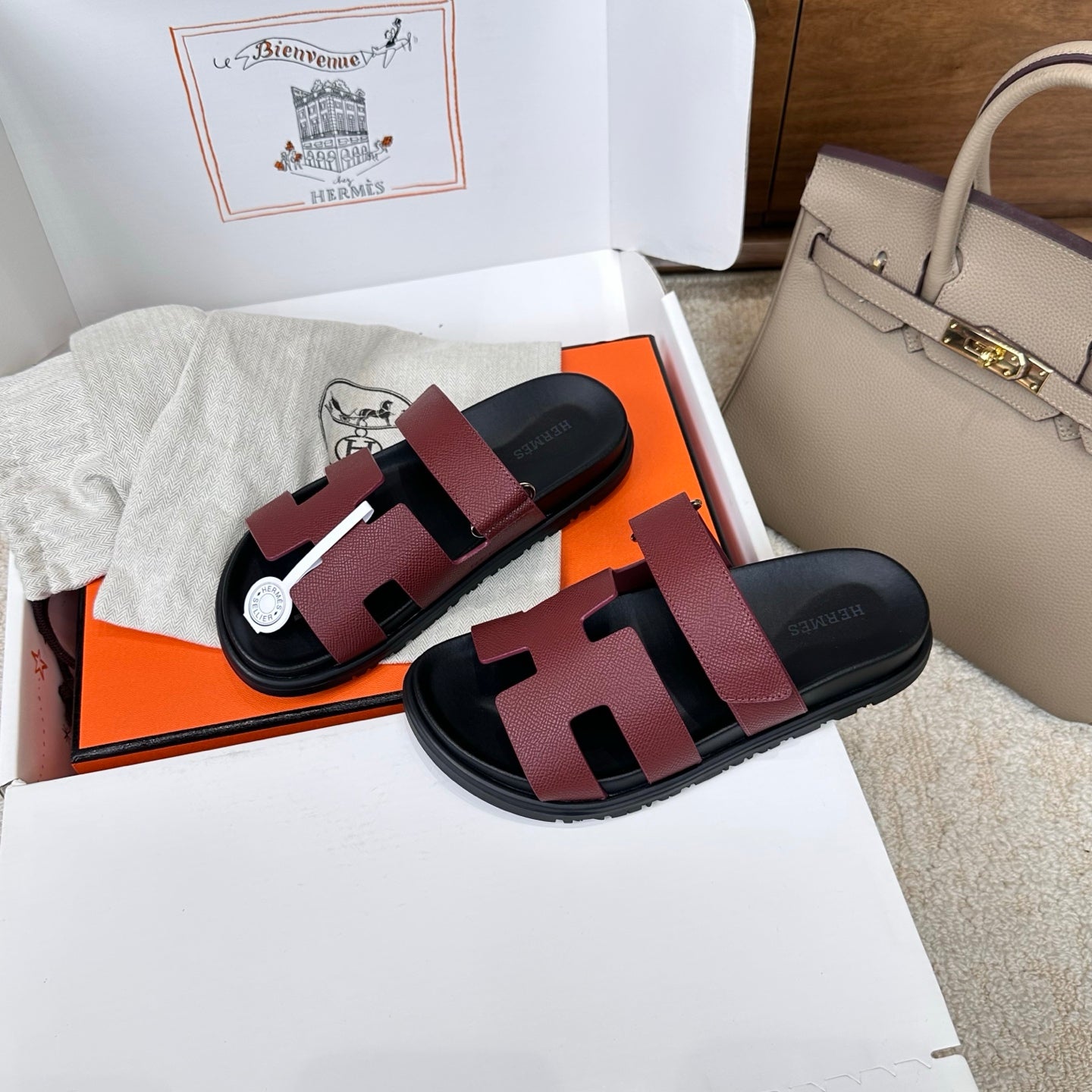 Hermes 2026 Chypre Sandal Burgundy mix Black Calfskin 862404
