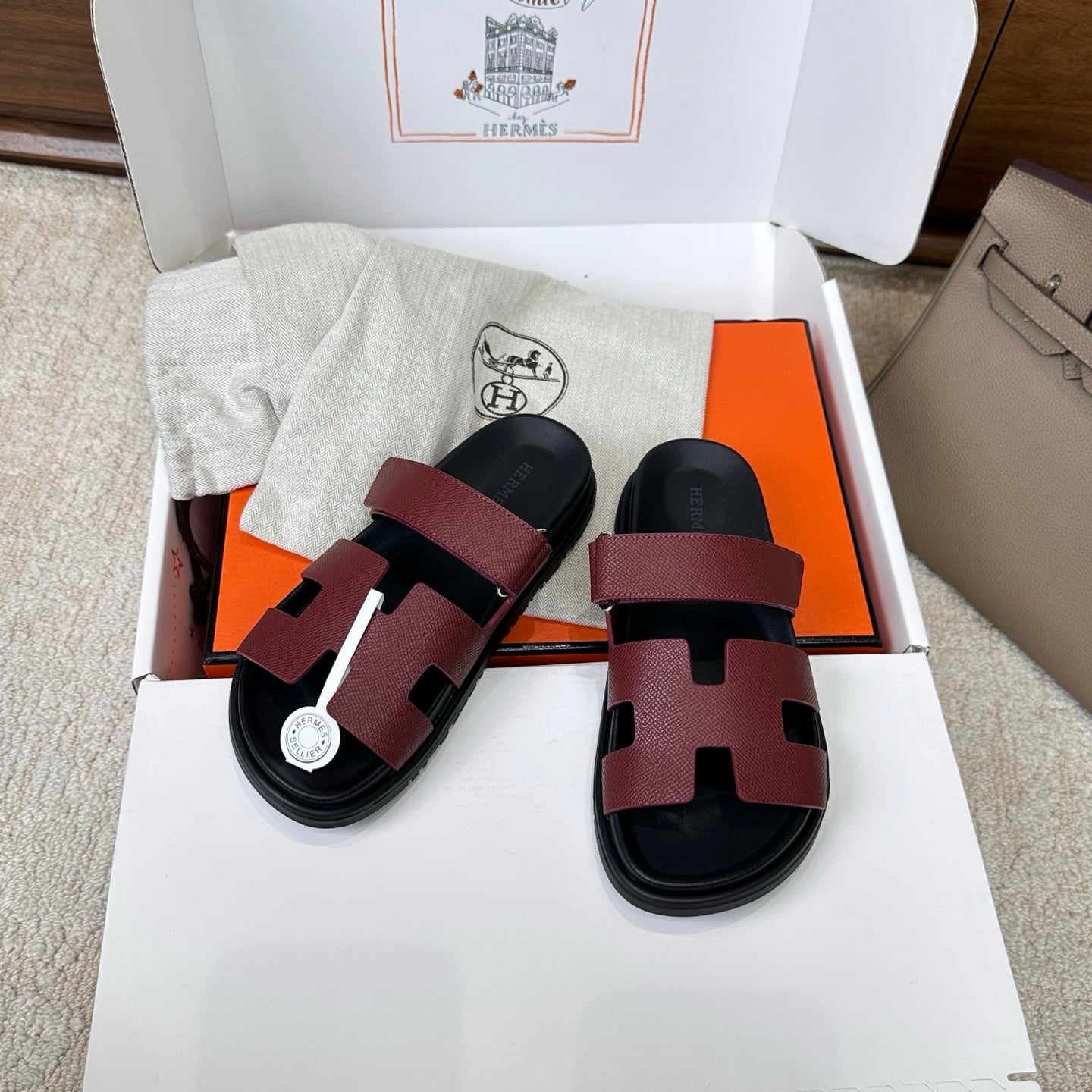 Hermes 2026 Chypre Sandal Burgundy mix Black Calfskin 862404