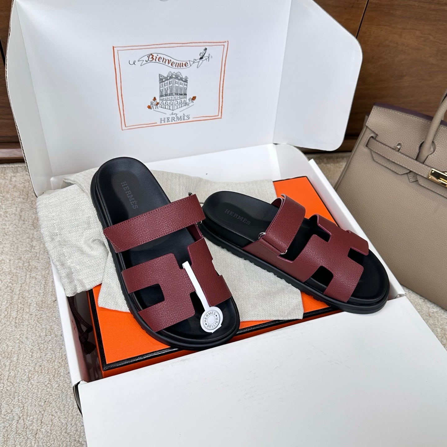 Hermes 2026 Chypre Sandal Burgundy mix Black Calfskin 862404