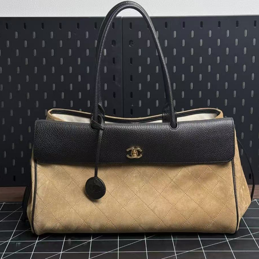 Chanel 2026 Urban Essential East West Bag 38cm Black Beige Suede Leather