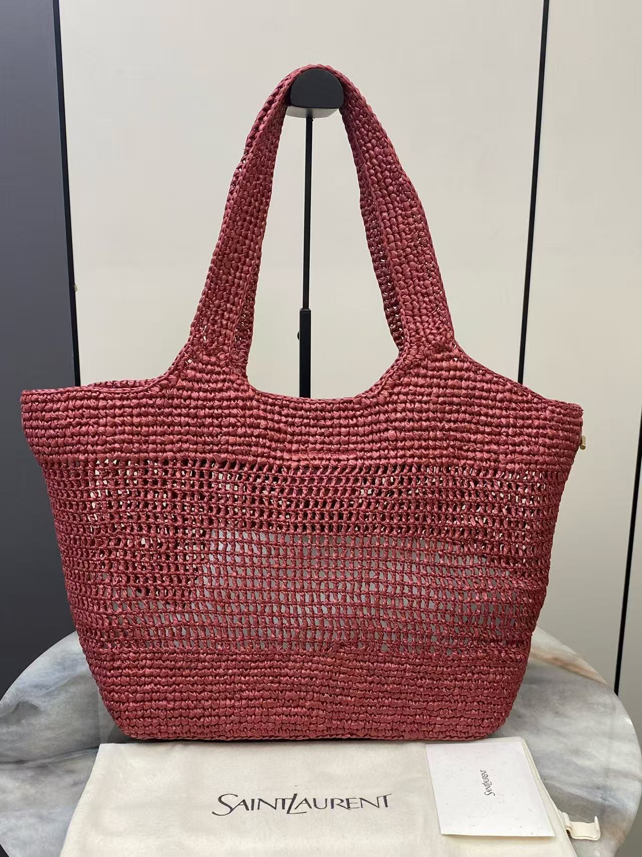 YSL 2026 Icare Maxi Bag 46cm Rouge Cabernet Raffia