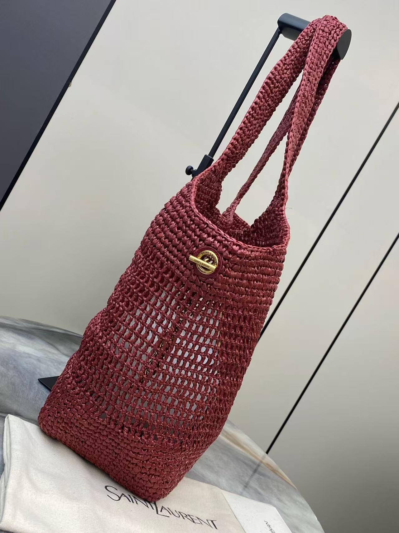 YSL 2026 Icare Maxi Bag 46cm Rouge Cabernet Raffia