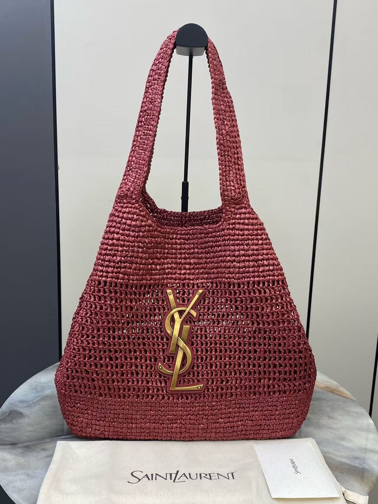 YSL 2026 Icare Maxi Bag 46cm Rouge Cabernet Raffia