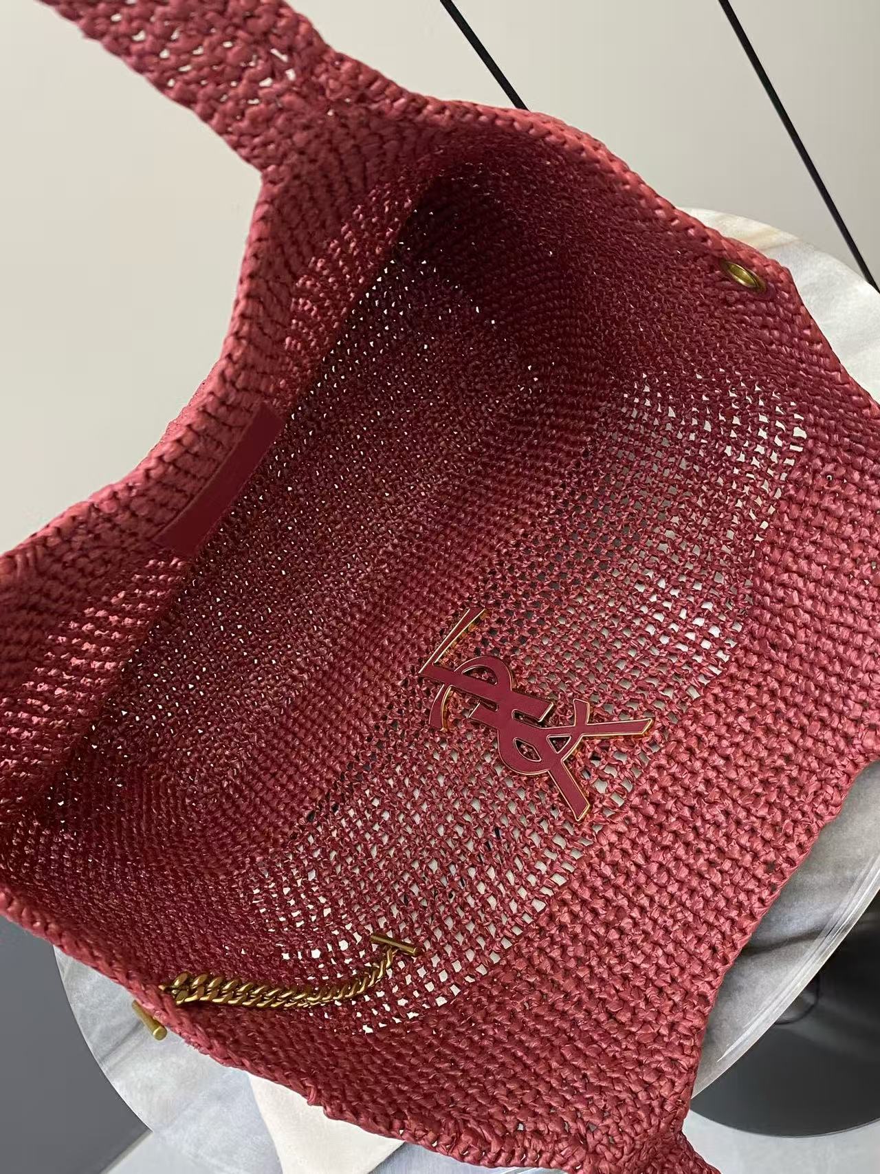 YSL 2026 Icare Maxi Bag 46cm Rouge Cabernet Raffia