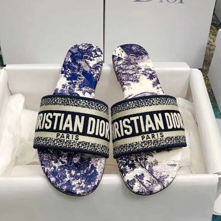 Dior 2026 Dway Slide Toile de Jouy Motif Vibrant Blue Cotton Leather