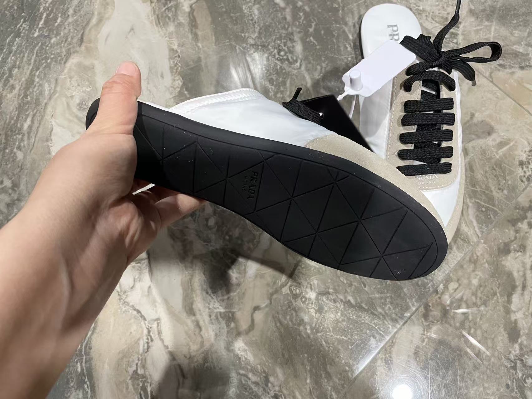 Prada 2026 Collapse Re-Nylon Mule White Black Suede