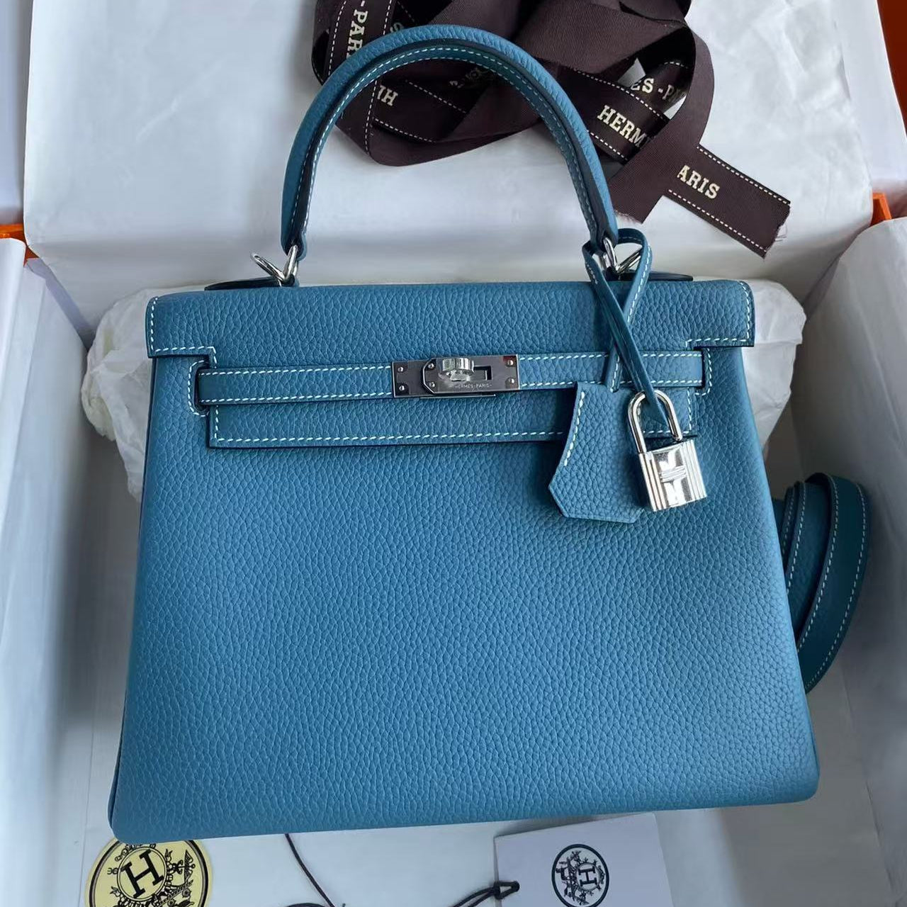 Hermes 2026 Kelly Bag Denim Blue Togo Leather Silver Hardware