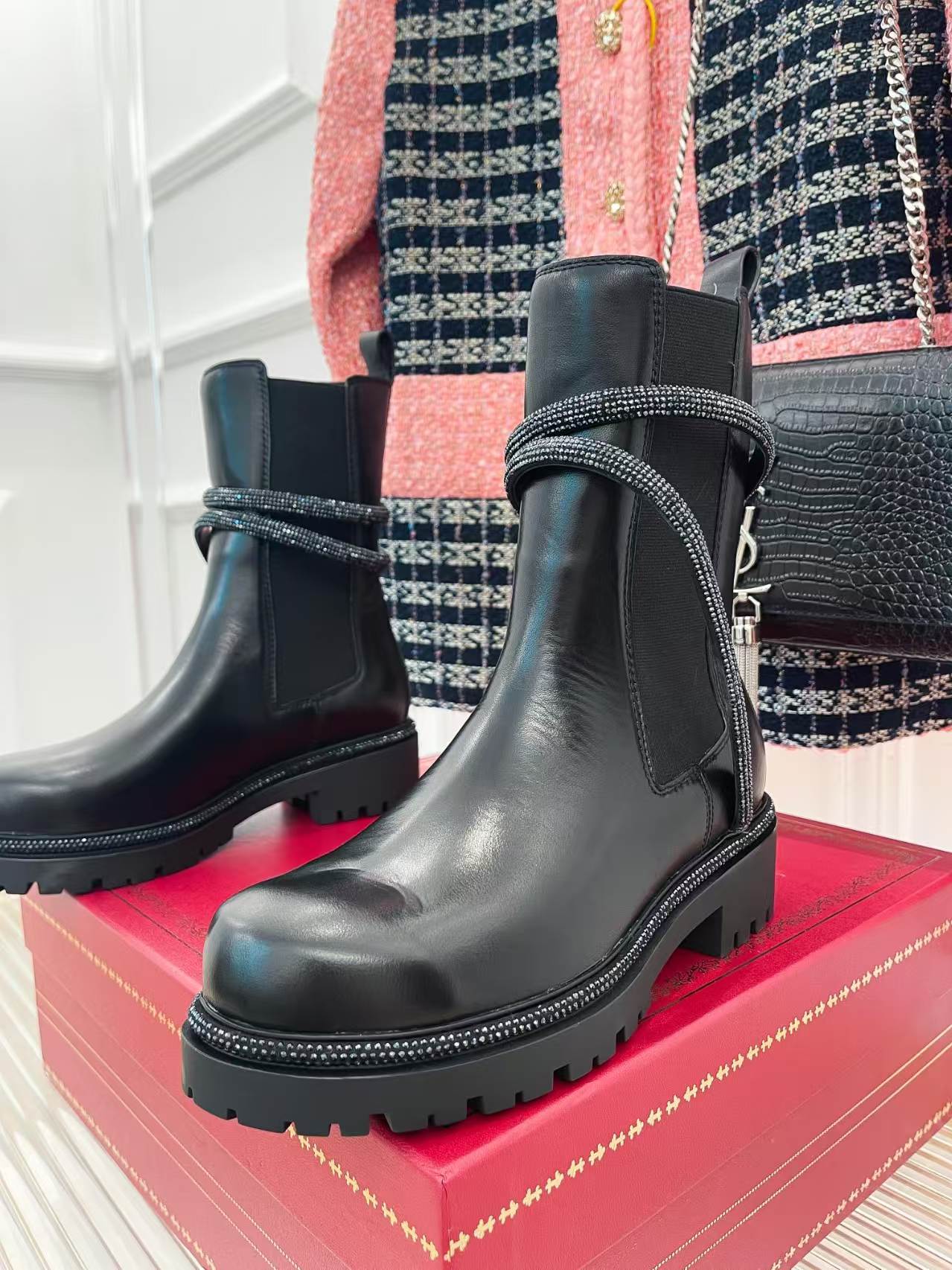 Rene Caovilla 2026 Cleo Crystal Wrapped Boot Black Leather