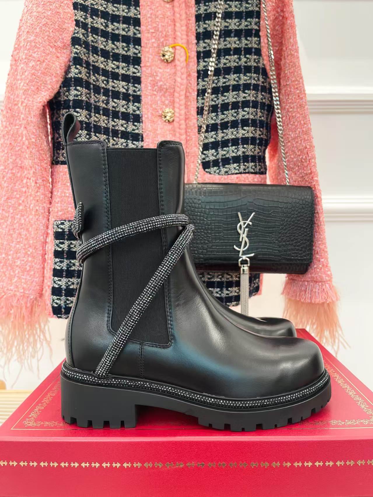 Rene Caovilla 2026 Cleo Crystal Wrapped Boot Black Leather