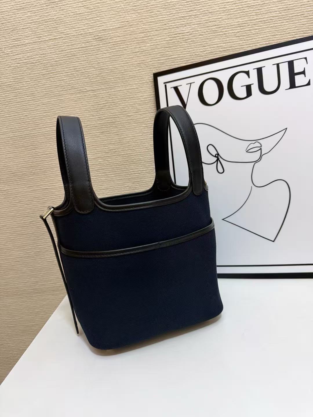 Hermes 2026 Picotin Lock Pocket PM Bag 18cm Dark Blue Black Canvas Leather