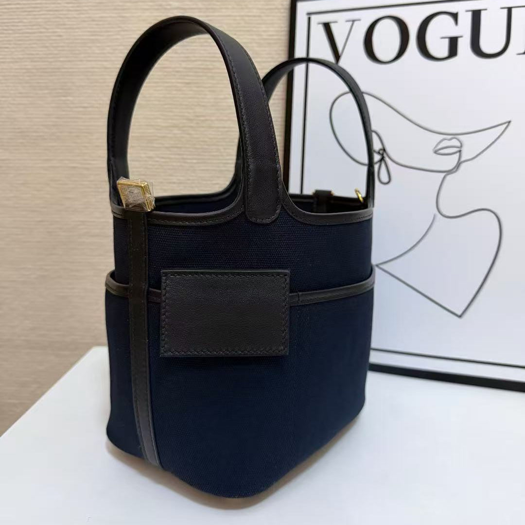 Hermes 2026 Picotin Lock Pocket PM Bag 18cm Dark Blue Black Canvas Leather