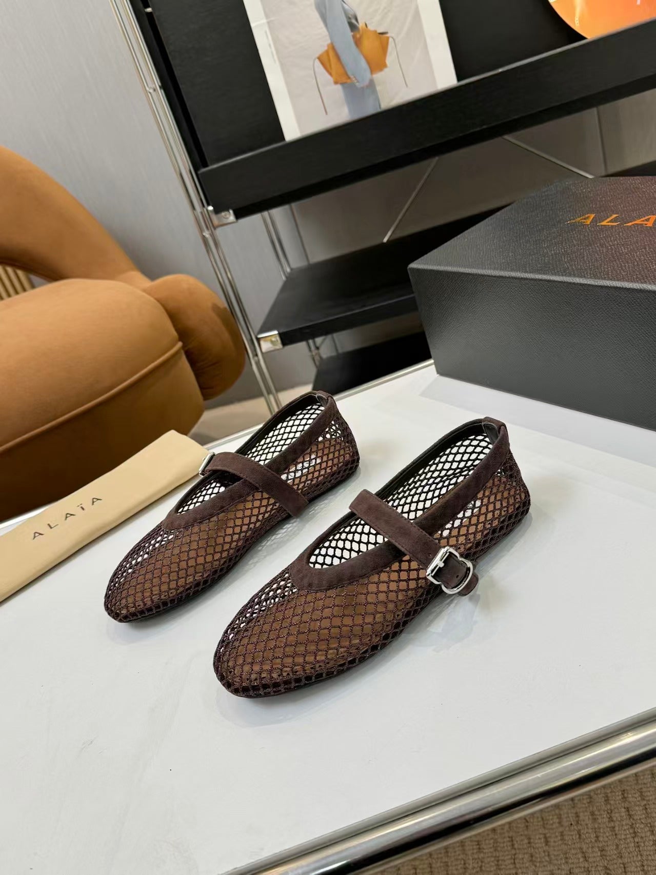 Alaia 2026 Mesh Ballet Flat Brown Suede