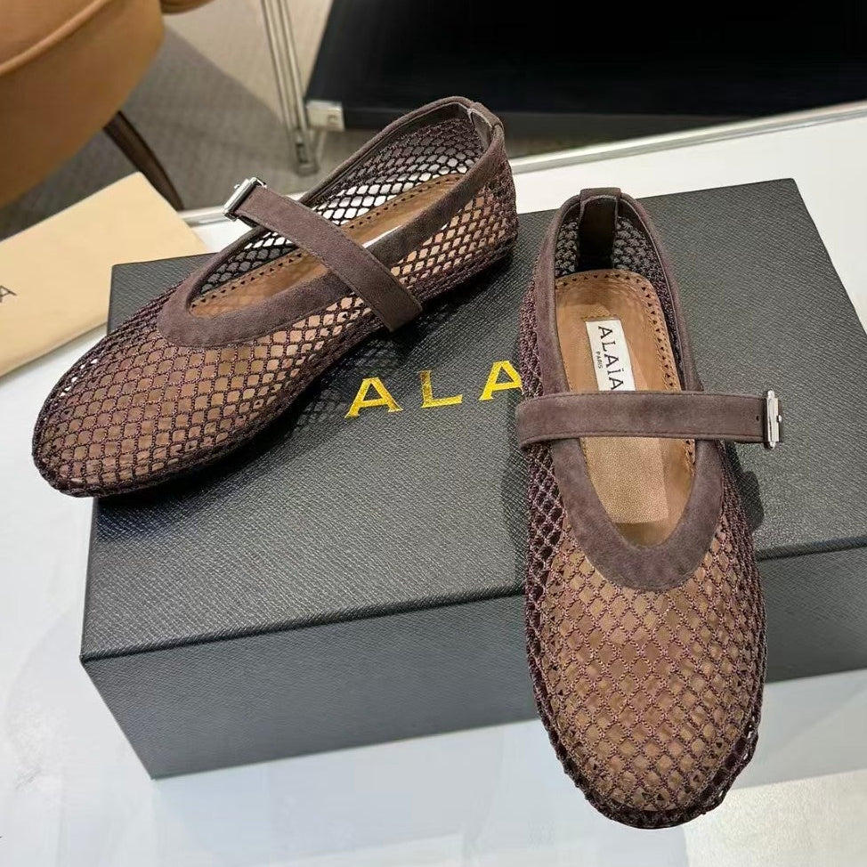 Alaia 2026 Mesh Ballet Flat Brown Suede