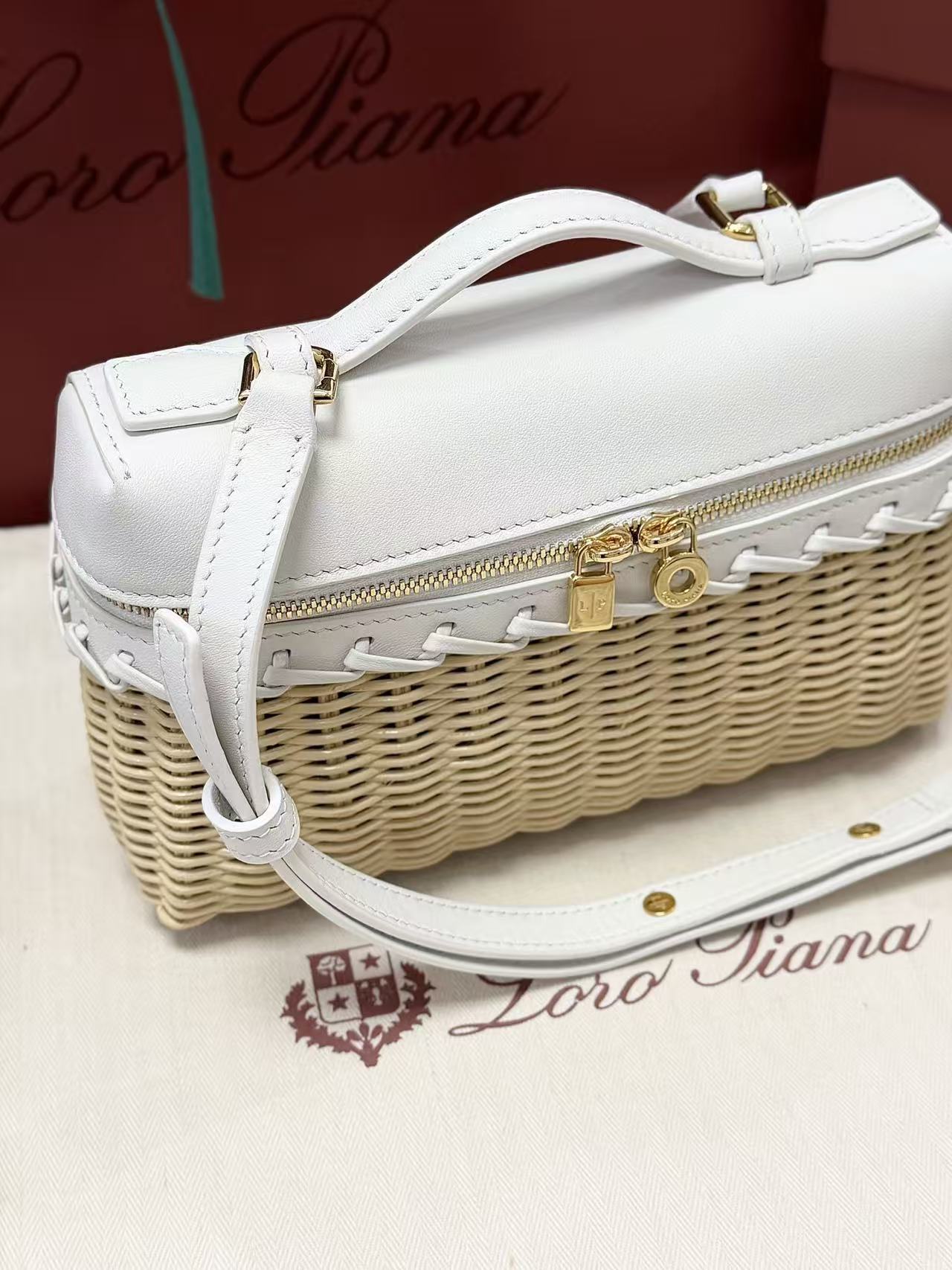 Loro Piana 2026 Extra Pocket L19 East-West Wicker Bag Canvas Calfskin