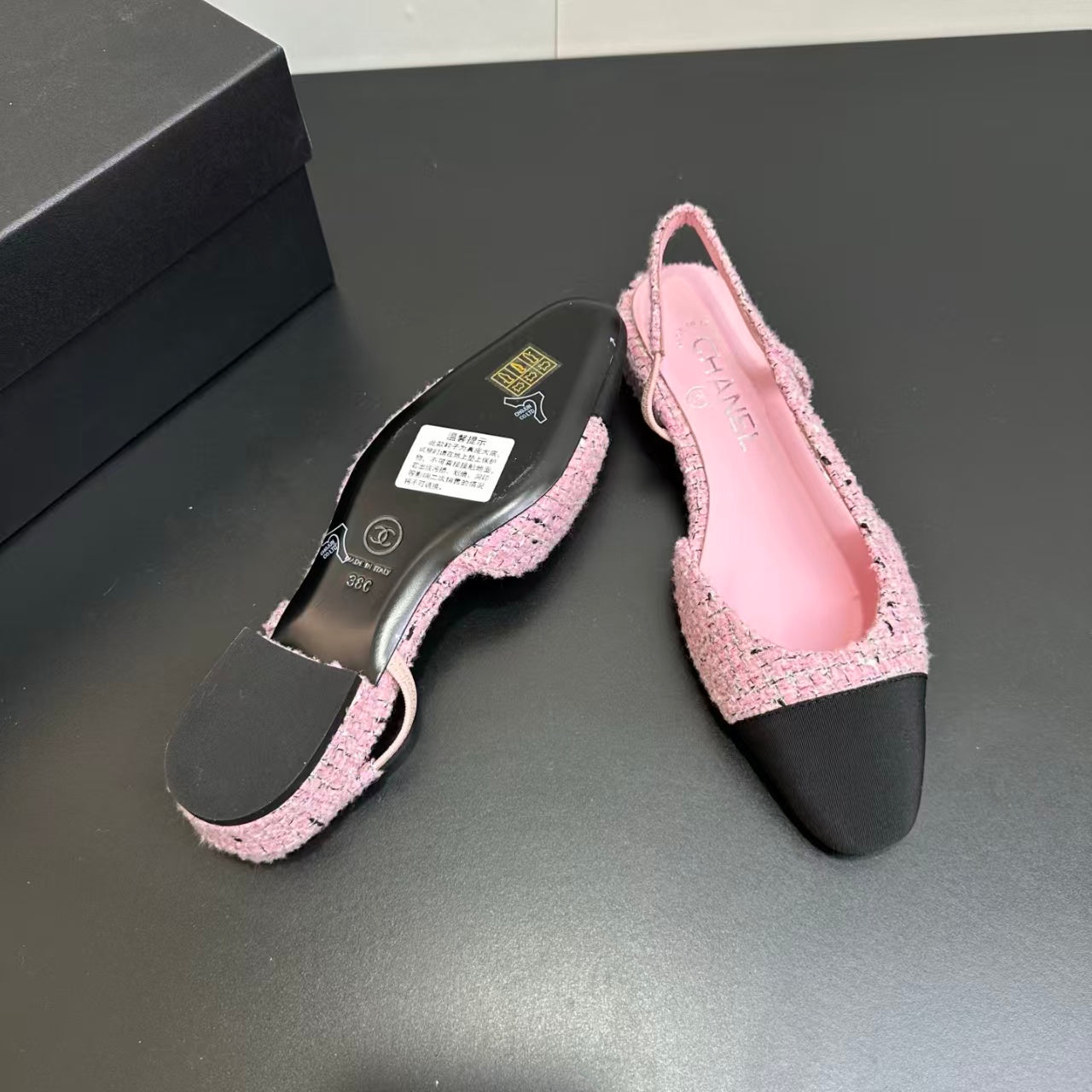 Chanel 2026 Slingback 10mm Pink Mix Black Tweed Fabric