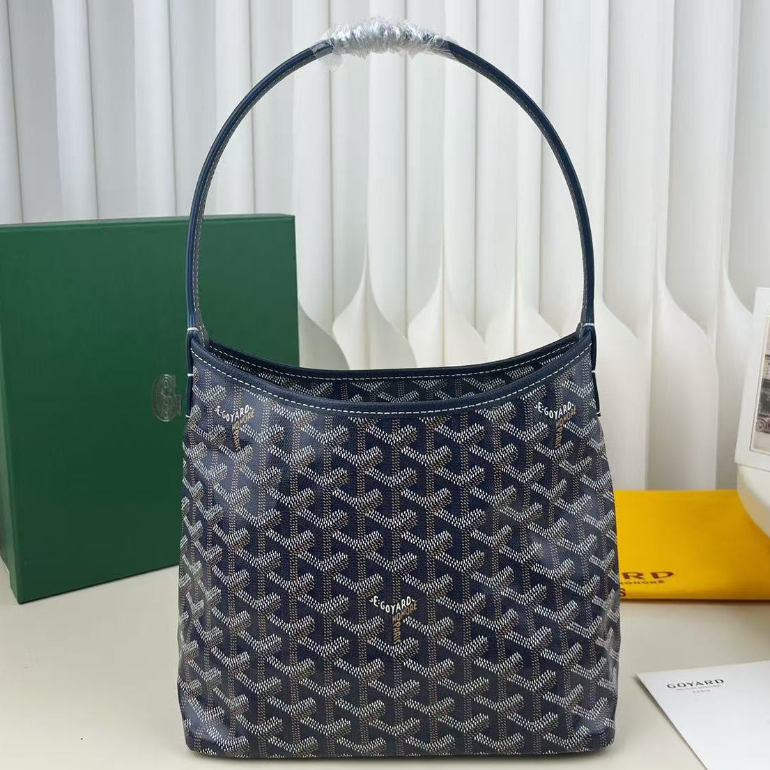 Goyard 2026 Hobo Boheme Bag 26cm Navy Blue Canvas Calfskin