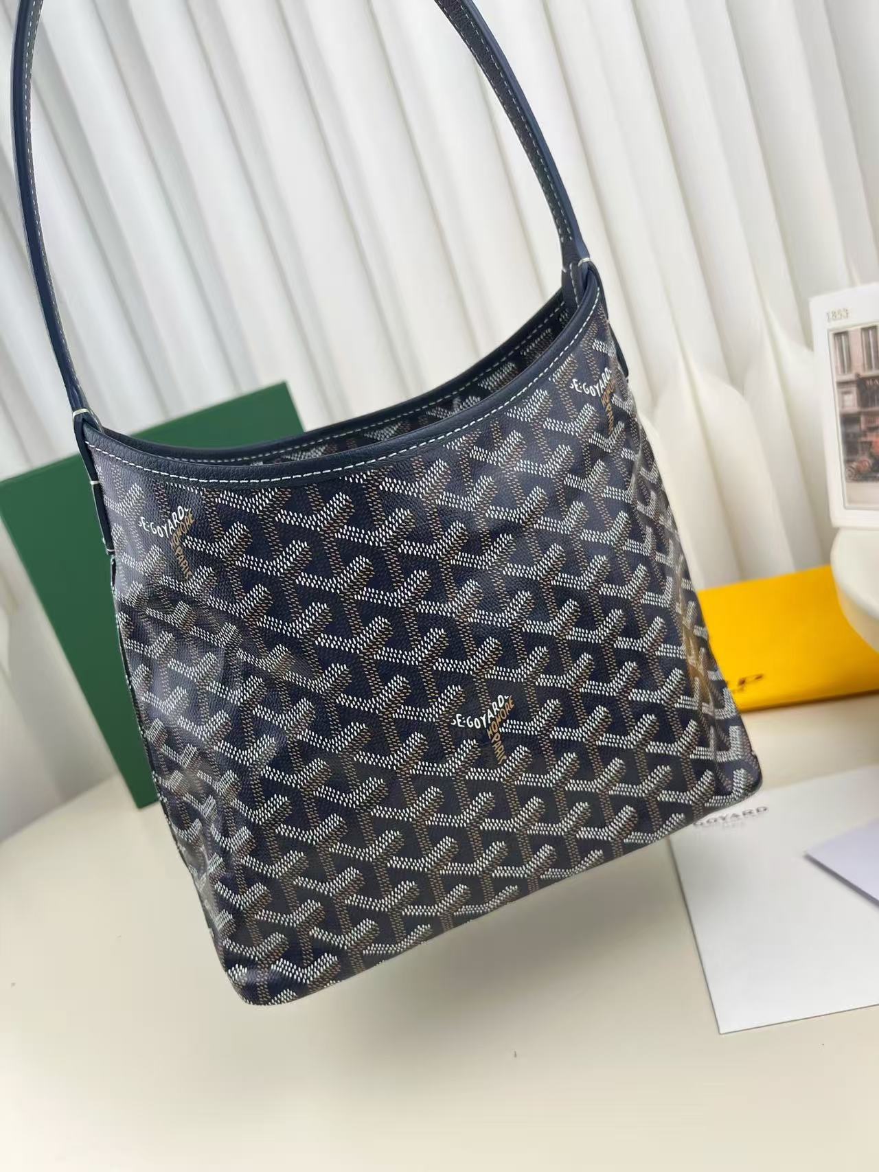 Goyard 2026 Hobo Boheme Bag 26cm Navy Blue Canvas Calfskin