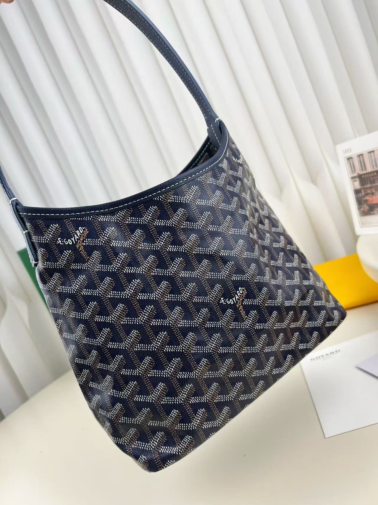Goyard 2026 Hobo Boheme Bag 26cm Navy Blue Canvas Calfskin