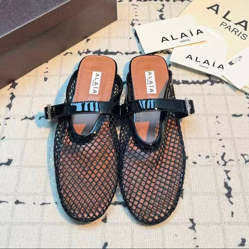 Alaia 2026 Fishnet Mule Black Patent Leather