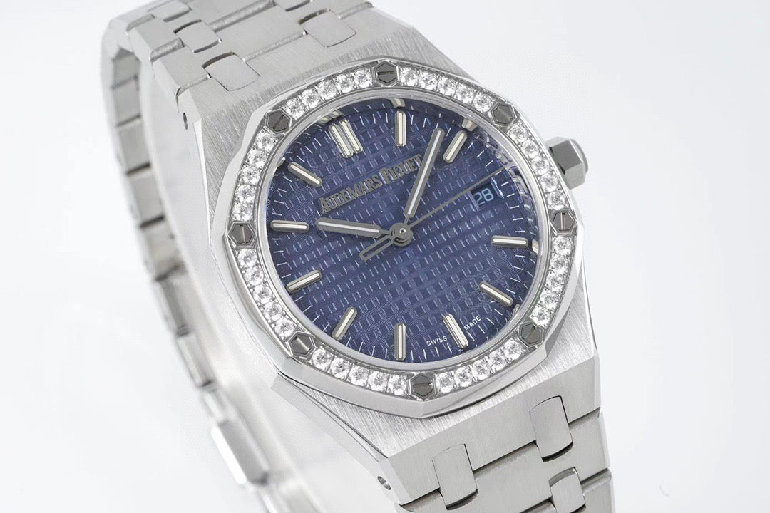 Audemars Piguet Royal Oak 34mm Blue Dial Diamond Bezel Watch