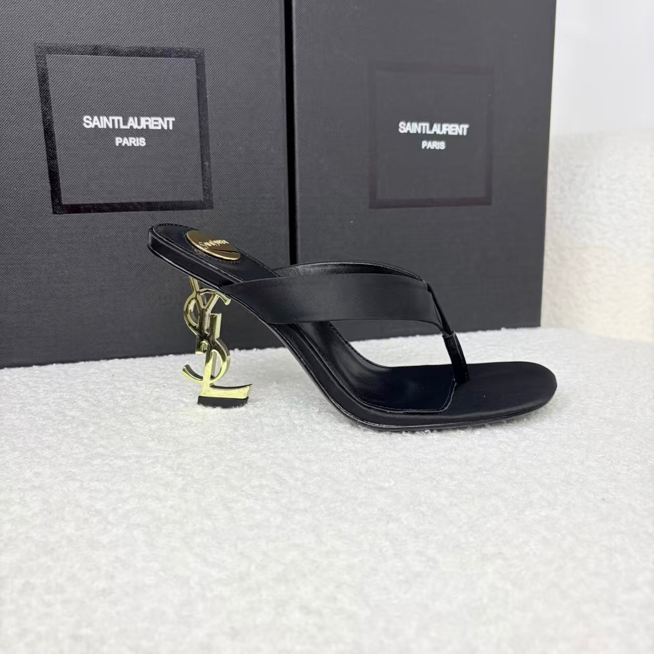 YSL 2026 Opyum Sandal Black Gold 85mm Satin Leather