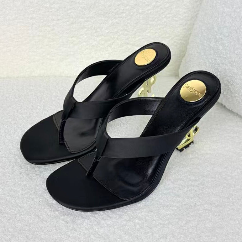 YSL 2026 Opyum Sandal Black Gold 85mm Satin Leather