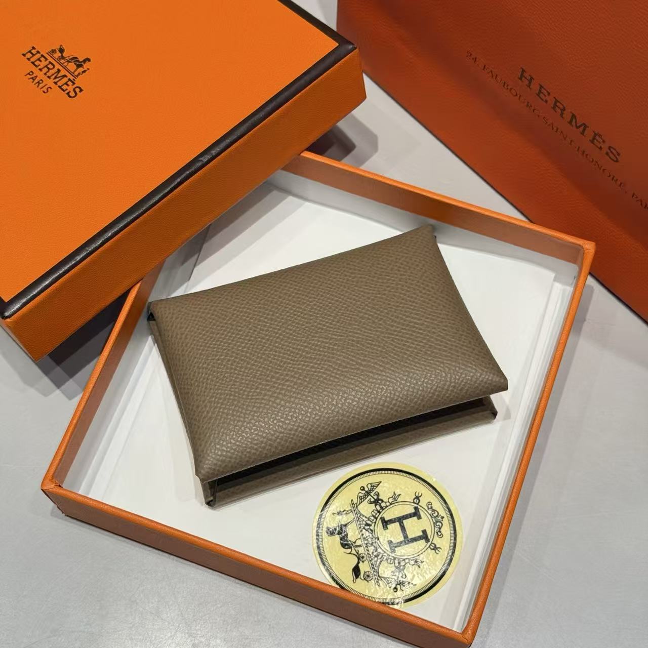 Hermes 2026 Calvi Duo Compact Card Holder Elephant Gray Leather