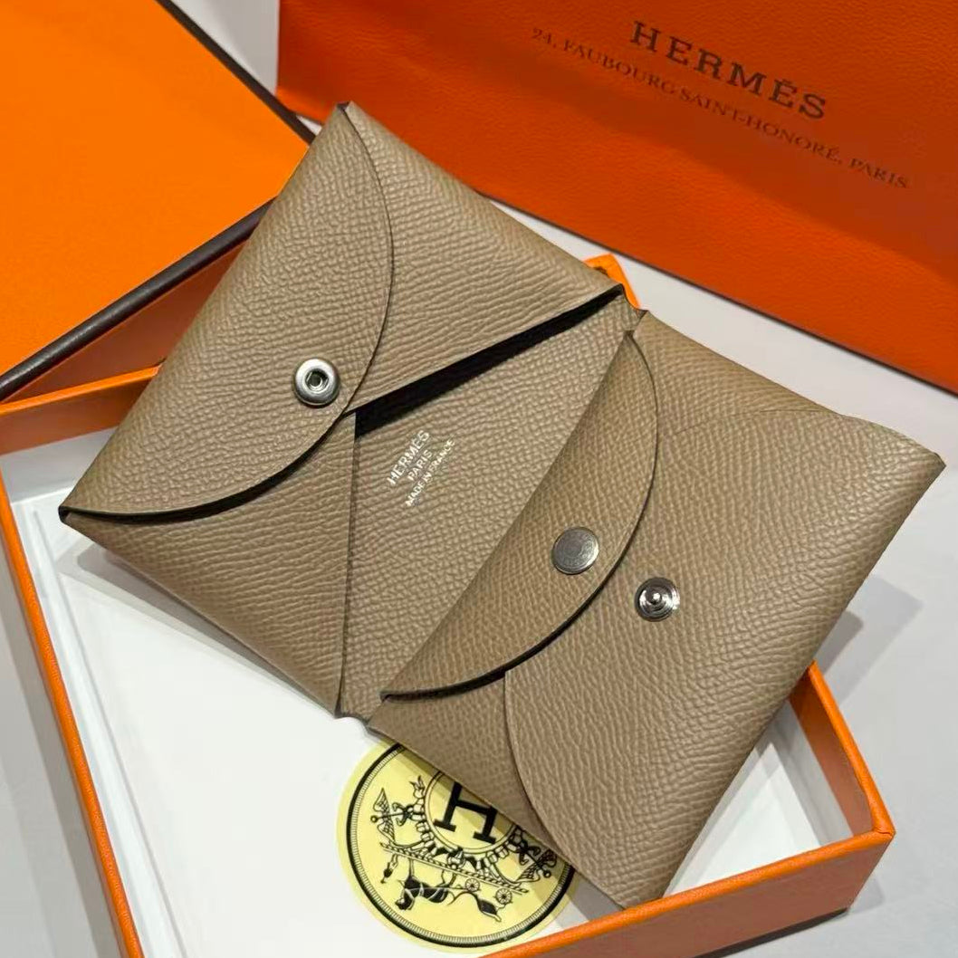Hermes 2026 Calvi Duo Compact Card Holder Elephant Gray Leather