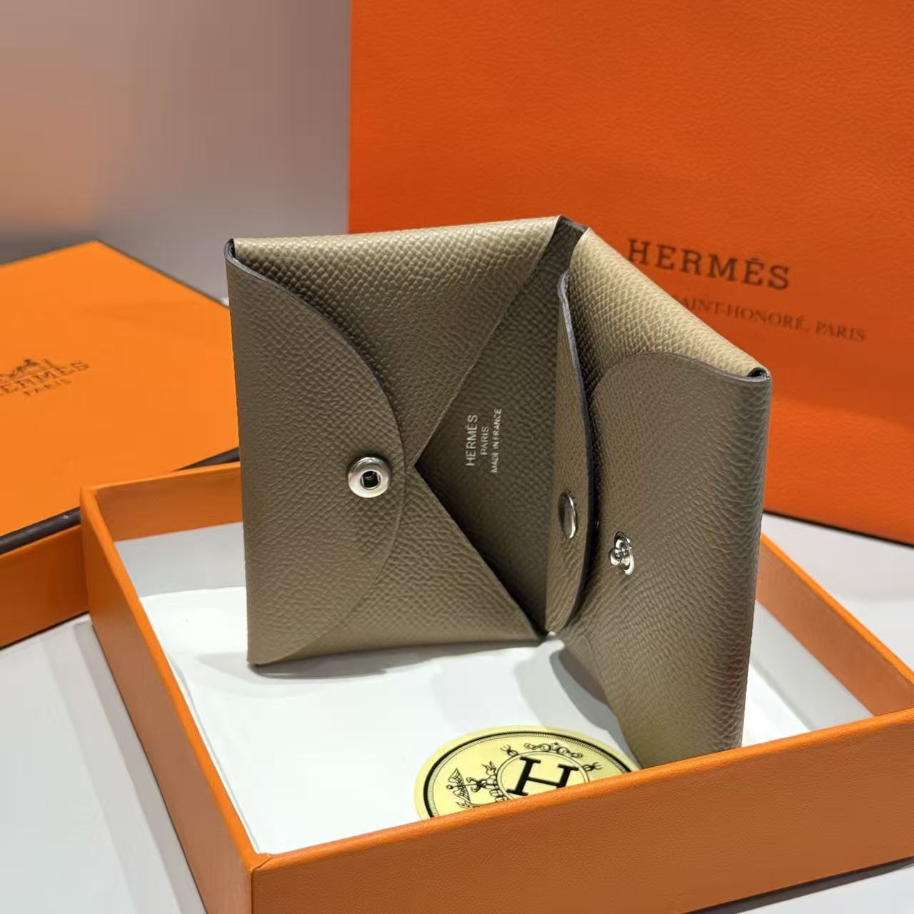 Hermes 2026 Calvi Duo Compact Card Holder Elephant Gray Leather