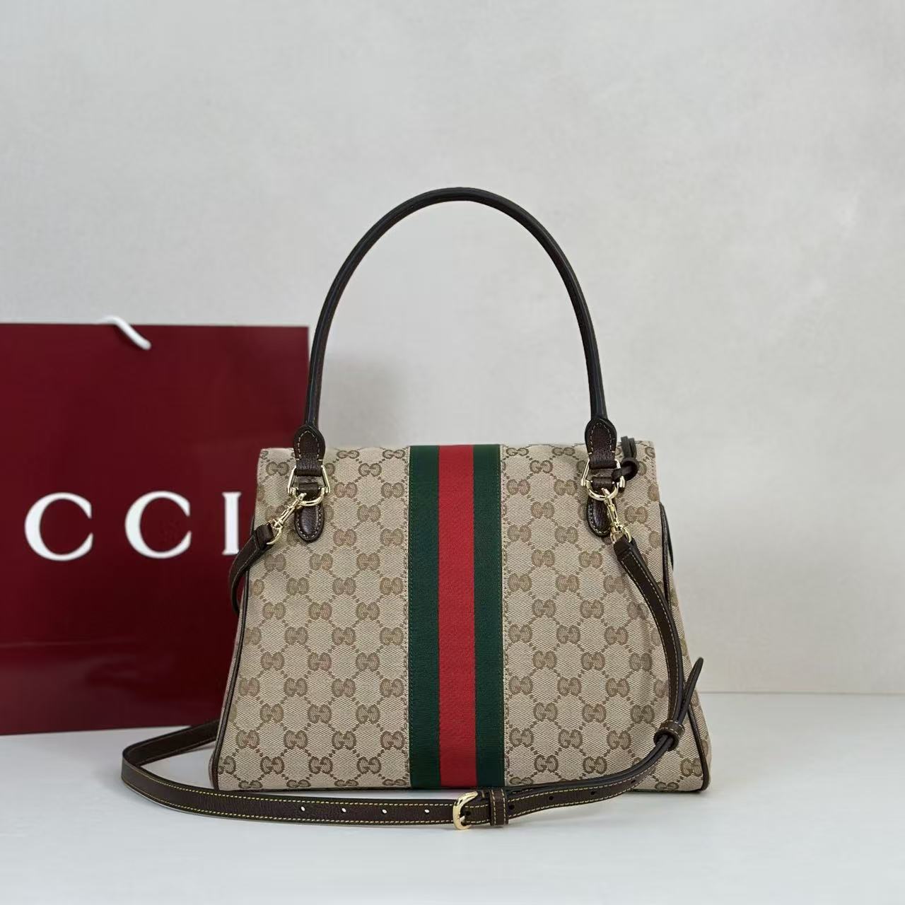 Gucci 2026 Paparazzo Bag 32cm Beige Red Green Canvas