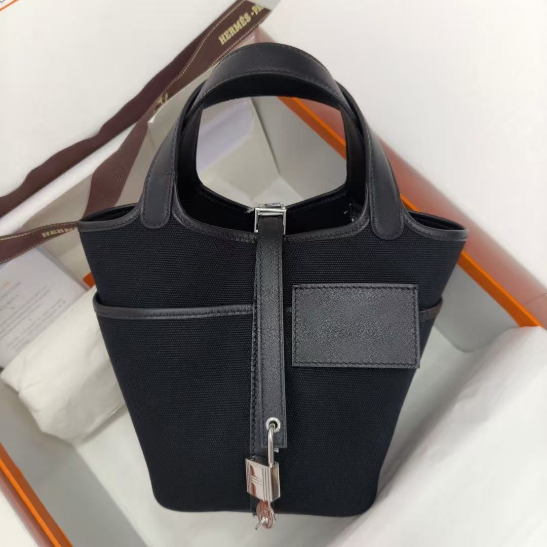 Hermes 2026 Picotin Lock Pocket PM Bag 18cm Black Canvas Leather