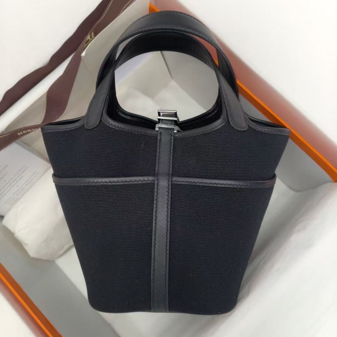 Hermes 2026 Picotin Lock Pocket PM Bag 18cm Black Canvas Leather