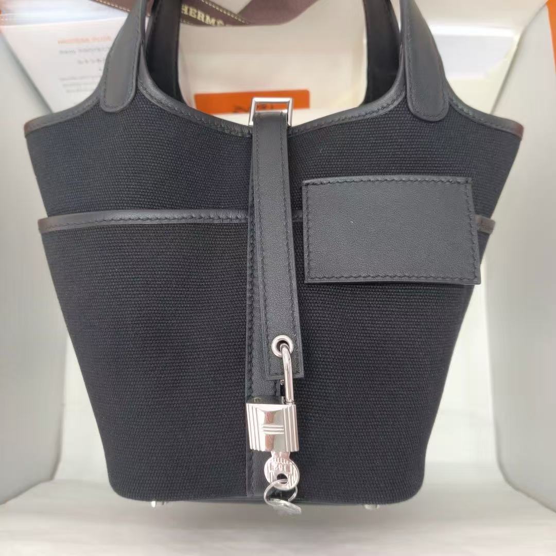 Hermes 2026 Picotin Lock Pocket PM Bag 18cm Black Canvas Leather