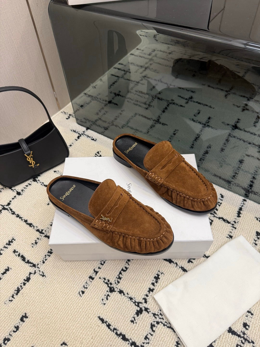 YSL 2026 Mule Brown Suede Leather With Gold Logo