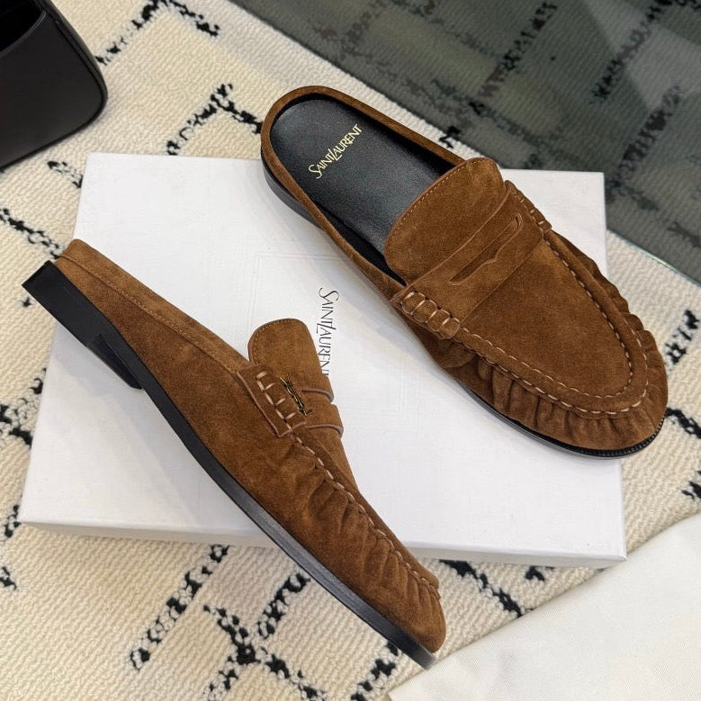 YSL 2026 Mule Brown Suede Leather With Gold Logo
