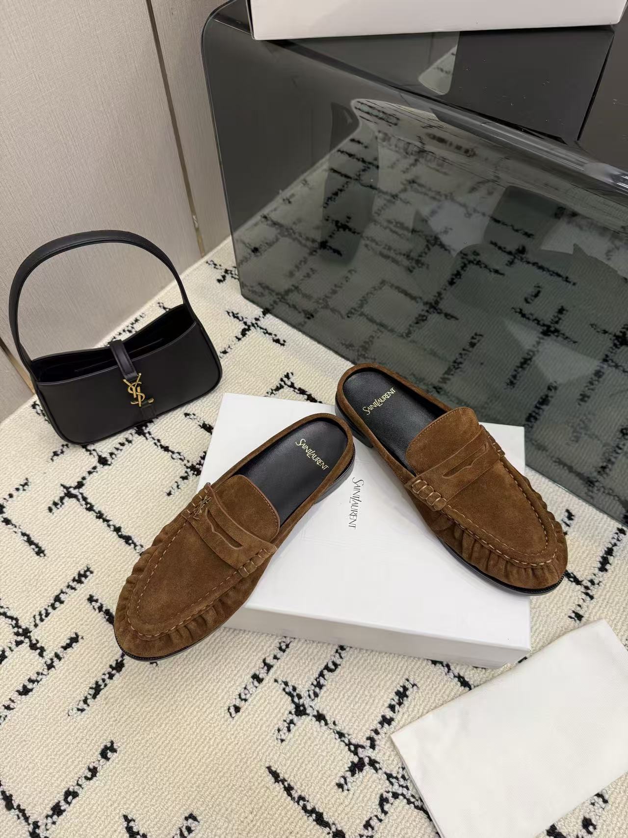 YSL 2026 Mule Brown Suede Leather With Gold Logo