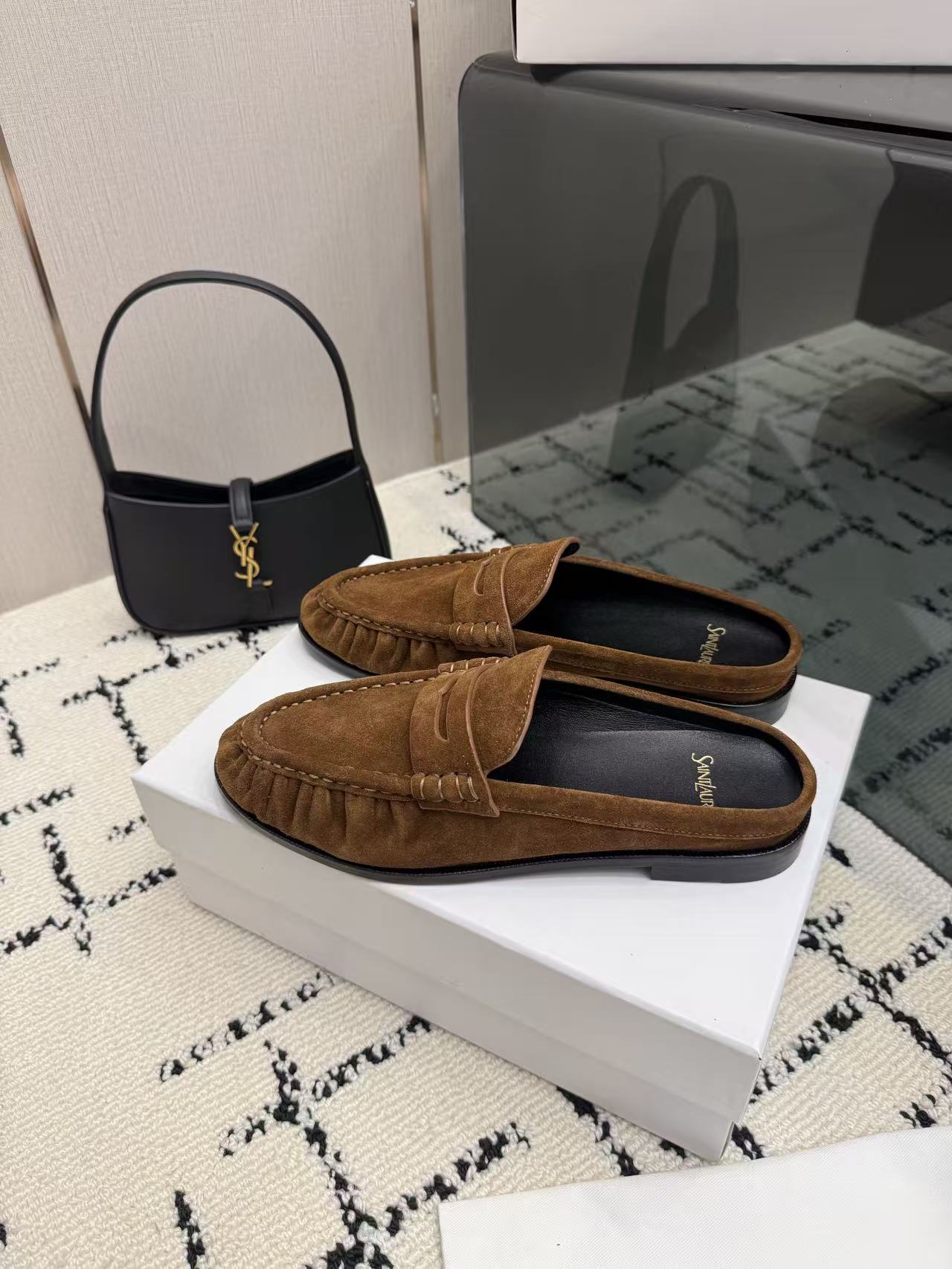 YSL 2026 Mule Brown Suede Leather With Gold Logo