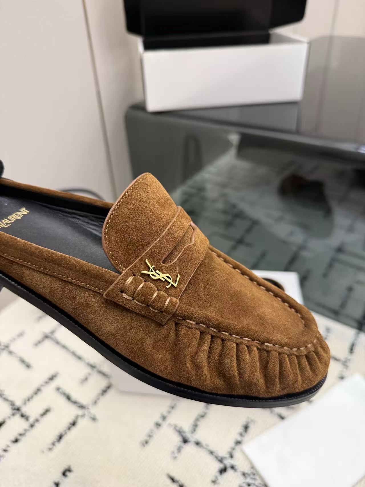 YSL 2026 Mule Brown Suede Leather With Gold Logo