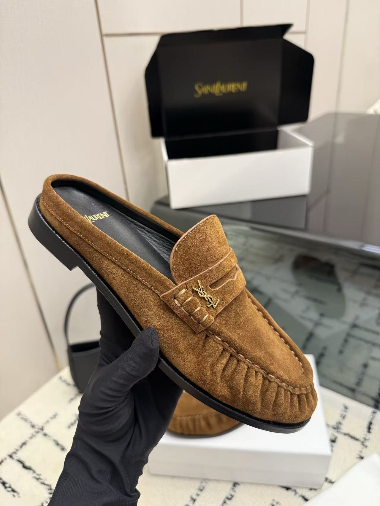 YSL 2026 Mule Brown Suede Leather With Gold Logo