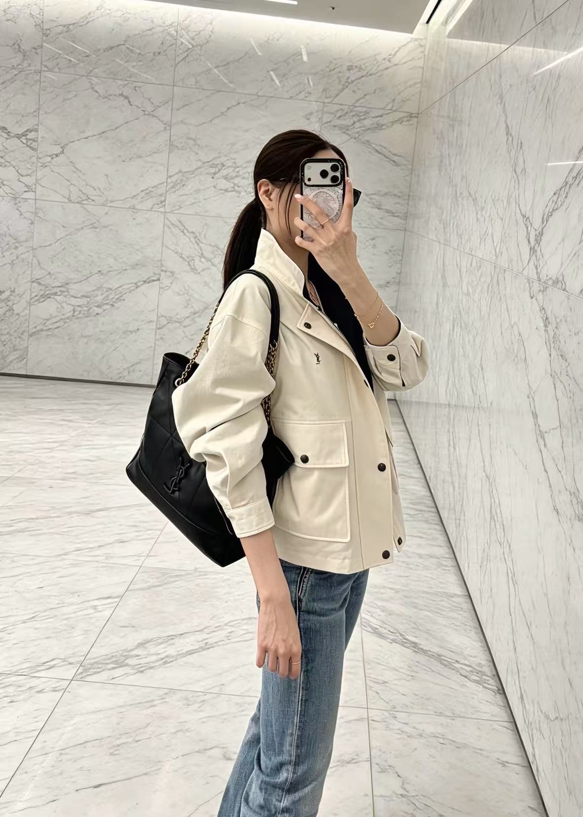 YSL 2026 Cassandre Reversible Jacket White Mix Navy Blue Cotton