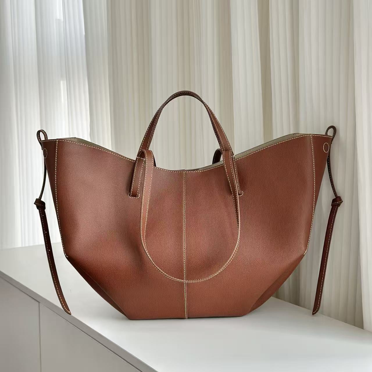 Polène 2026 Cyme Textured Tote Bag 38cm Cognac Leather
