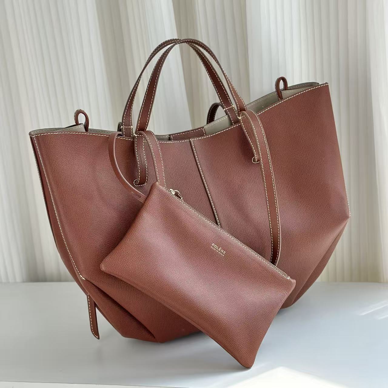 Polène 2026 Cyme Textured Tote Bag 38cm Cognac Leather