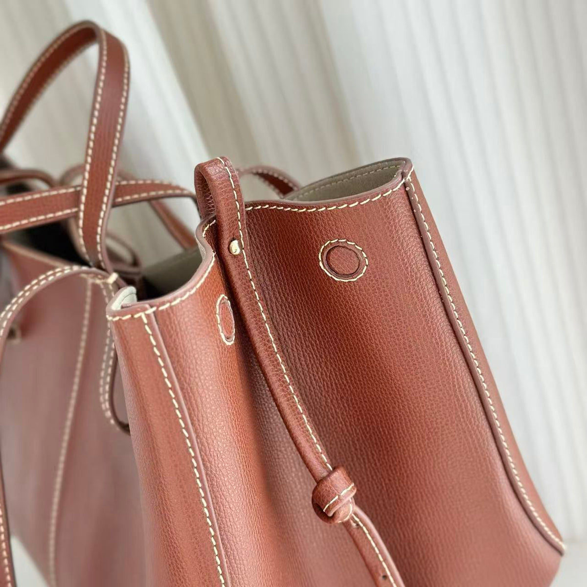 Polène 2026 Cyme Textured Tote Bag 38cm Cognac Leather