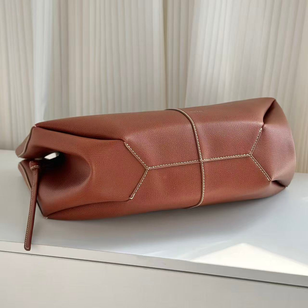 Polène 2026 Cyme Textured Tote Bag 38cm Cognac Leather